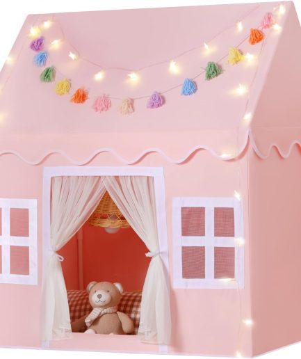 Kids Play Tent Indoor: with Mat, Tassel Garland, Star Lights - Pink Girl Tent Playhouse for Toddlers Kids Toys for Boy Girl Birthday Gift for Kids