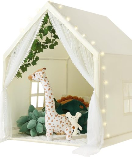 Kid Tent with Mat, Star Lights - Kids Play Tents for Toddlers Kids Tents Indoor Playhouse - Princess Tent for Girls Toy House Gift (Beige with Mesh)