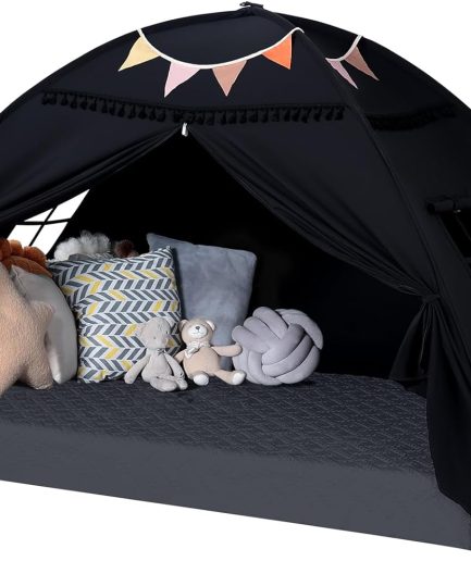 Twin Size Bed Canopy: Lights & Flags Indoor Floor Bed Kids Tent Playhouse - Portable & Foldable Twin Bunk Curtains - Girls & Boys Bedroom Privacy Space Blackout Tents Slumber Gifts (Black)