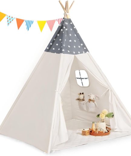 Teepee Tent for Kids Slumber Party - Cotton Canvas Foldable Kids Tent Indoor with Light & Flag Play House Outdoor - Toddler  Playroom for Girls Gift Toys - Tee Pee Tents(Stars Design)