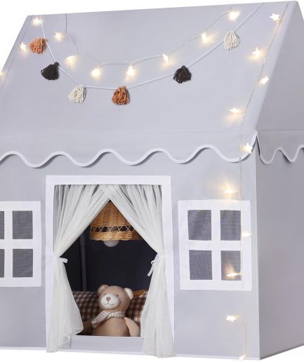 Kids Play Tent Indoor: Mat, Tassel Garland, Star Lights - Gray Girl Tent Playhouse for Toddlers Kids Toys for Boy Girl Birthday Gift