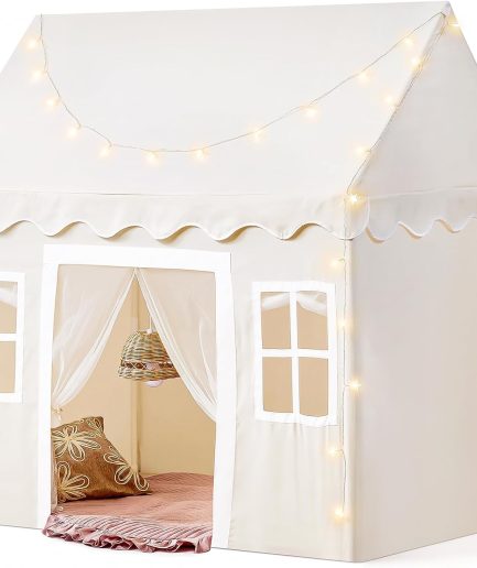 Play Tent with Padded Mat & LED Lights, Kids Tent, Playhouse for Kids, Indoor Bed Tent for Toddler, Toys for 3,4,5,6-Year-Old Girls, Neutral Color Play Room Furniture