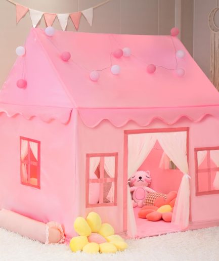Large Kids Tent Playhouse Basic Mat with Star Lights, Flags and Tote Bags, Play Tent Indoor & Outdoor, Washable Teepee Tent for Boys & Girls, Kids Play House for Toddler（Pink）
