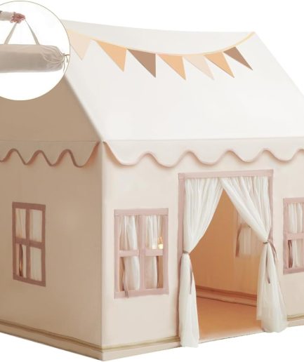 Large Kids Tent Playhouse Base Fabric with Star Lights, Flags and Tote Bags, Kids Play Tent Indoor & Outdoor, Washable Teepee Tent for Boys & Girls, Play House for Toddler, Neutral Color