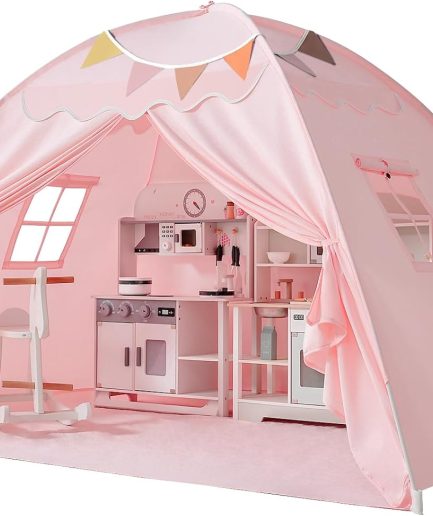 Toddler Bed Tent Canopy: Lights & Flags Indoor Floor Kids Play Tent Playhouse - Portable & Foldable Twin Bunk Bed Curtains - Twin Bed Tent for Girls Gifts (Pink)