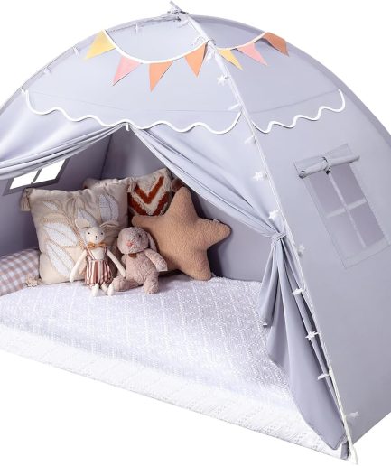 Toddler Bed Tent Canopy: Lights & Flags Indoor Floor Bed Kids Tent Playhouse - Portable & Foldable Twin Bunk Bed Curtains - Girls & Boys Bedroom Privacy Space Sleeping Tents Gifts (Gray)