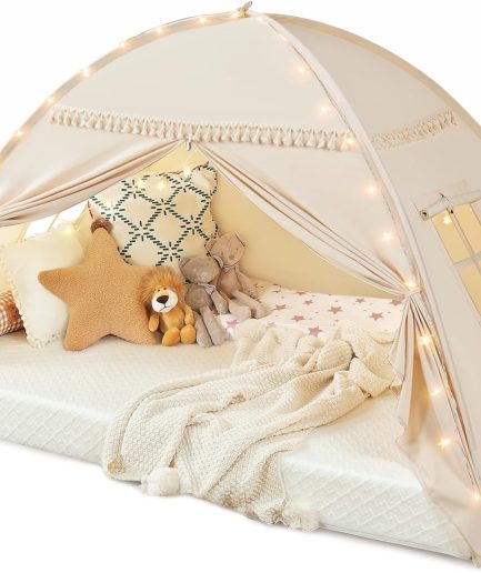 Toddler Canopy Lights & Flags Indoor Floor Bed Kids Tent Playhouse Portable & Foldable Twin Bunk Bed Curtains Girls & Boys House Bedroom Privacy Space Sleeping Tents Gifts Golden Beige Large Size