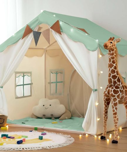 Kids Tent, Kids Play Tent 2 in 1 with Padded Mat and Lights, Large Playhouse with 2 Doors & 4 Windows, Indoor & Outdoor, Christmas Toddler Playhouse, 51" x35" x 51" (Green)