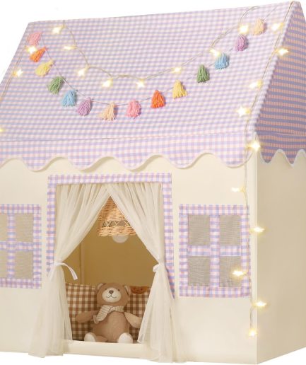 Kids Play Tent Indoor: Mat, Tassel Garland, Star Lights - Purple Checkered Girls Tent Playhouse for Toddlers Kids Toys for Boy Girl Birthday Gift