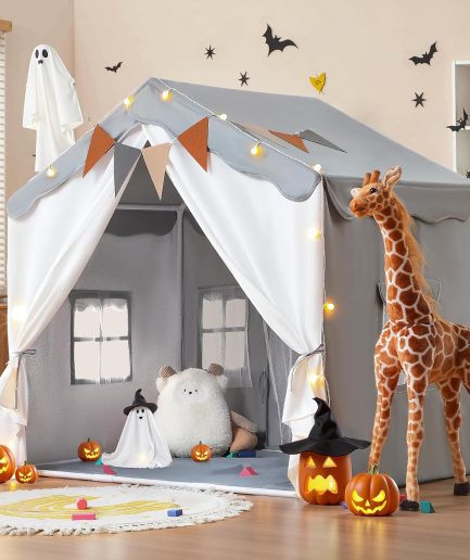 Kids Tent, Kids Play Tent 2 in 1 with Padded Mat and Lights, Large Playhouse with 2 Doors & 4 Windows, Indoor & Outdoor, Halloween Toddler Playhouse, 51" x35" x 51" (Gray)