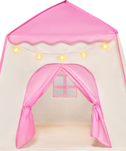 Pink Princess Tent for Girls with LED Star Lights-Indoor & Outdoor Large Playhouse Kids Castle Play Tent for Children Indoor and Outdoor Games