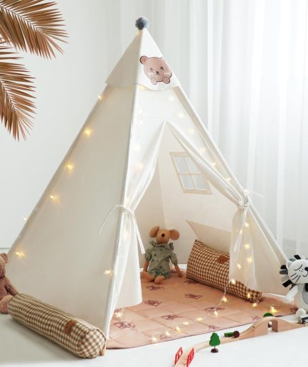 Teepee Tent for Kids-Portable Children Play Tent Indoor Outdoor (White with Mat)
