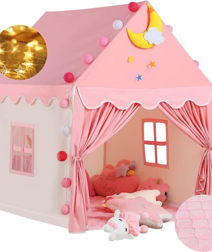 Kid Tent with Mat, Star Lights - Kids Play Tents for Toddlers Kids Tents Indoor Playhouse - Princess Tent for Girls Toy House Gift (Pink with Cloth)