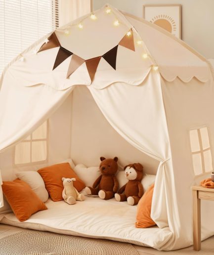 Extra Large Kids Play Tent with Flags & Star Lights, Portable & Foldable Teepee, Boys & Girls, Indoor Outdoor Dome Tent Playhouse, 59x39x59 in, Cream