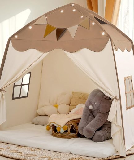 Extra Large Kids Play Tent with Flags & Star Lights, Portable & Foldable Teepee, Bed Tents Bed Canopy for Boys & Girls, Indoor Outdoor Dome Tent Playhouse,Kids Birthday Gift, 59x39x59in, Brown