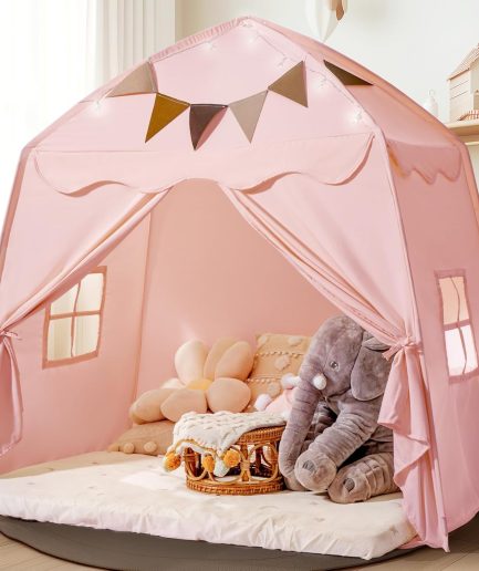 Extra Large Toddler Bed Tent & Kids Play Tent Bed Tent with Flags & Star Lights, Portable & Foldable Teepee, Indoor Outdoor Dome Tent Playhouse, 59x39x59 in,Pink