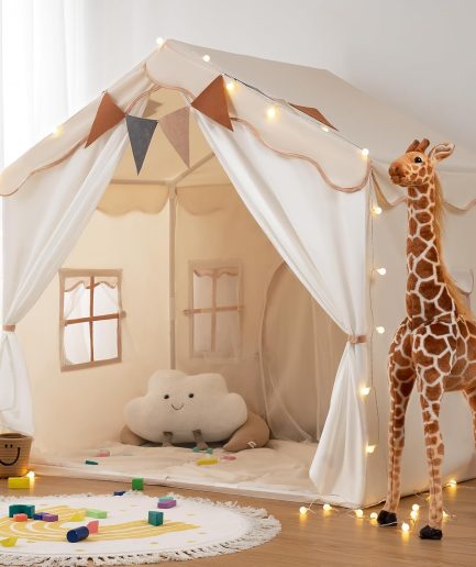 Kids Play Tent 2 in 1 with Padded Mat and Lights, Large Kids Playhouse with 2 Doors & 4 Windows, Indoor & Outdoor, Christmas Toddler Tent, 51" x35" x 51"