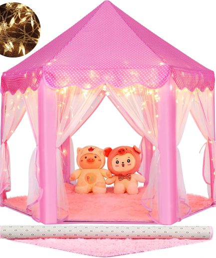 Princess Tent Girls Large Playhouse Kids Castle Play Tent with Star Lights Toy for Children Indoor and Outdoor Games, 55'' x 53'' (DxH) (Pink Princess Tent with Play Mat)